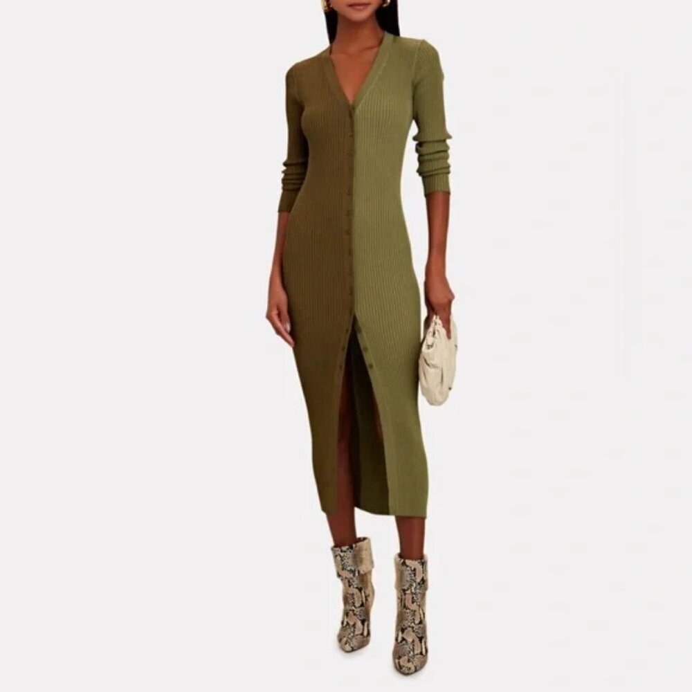 STAUD Shoko Olive & Green Ribbed Long Sleeve Knit Sweater Midi Dress S - Picture 1 of 8